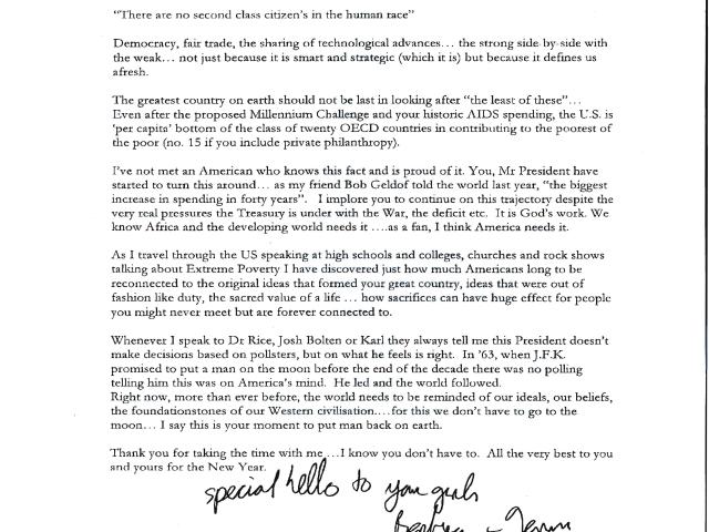 Dated December 29, 2004, letter from U2 singer, Bono, to President George W. Bush regarding HIV/AIDS relief in Africa. (Page 2 of 2)