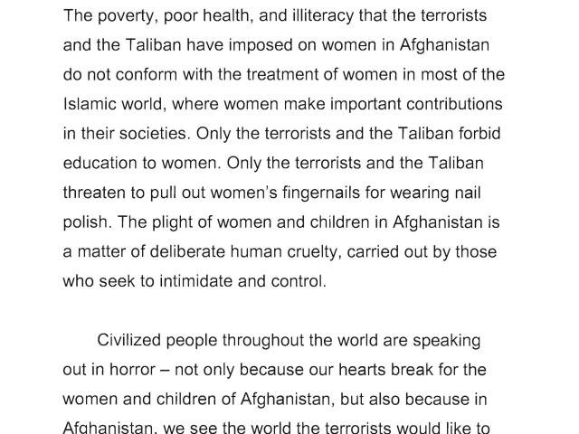 Statement used by First Lady Laura Bush to deliver a radio address on November 17, 2001 about the treatment of women and children by the Taliban in Afghanistan. (Page 3 of 5)