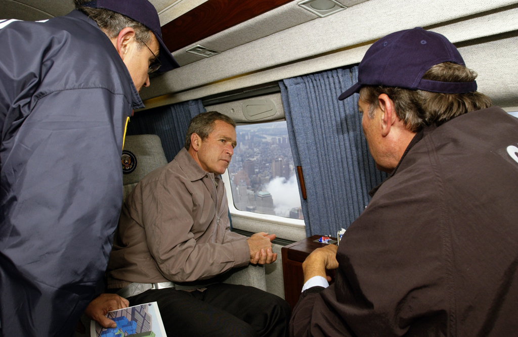 President George W. Bush tours the World Trade Center disaster site aboard Marine One, September 14, 2001. (P8950-19)
