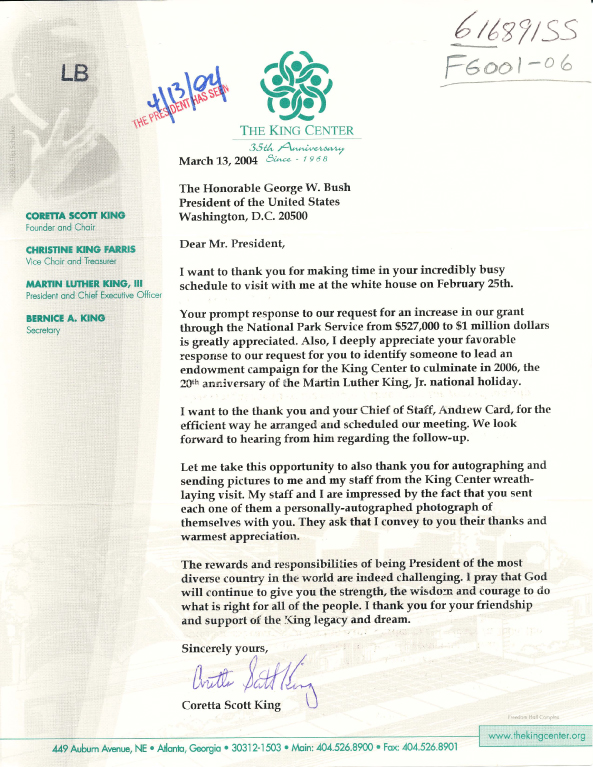 Letter dated March 13, 2004 from Coretta Scott King regarding the Martin Luther King Jr. Center for Nonviolent Social Change.
