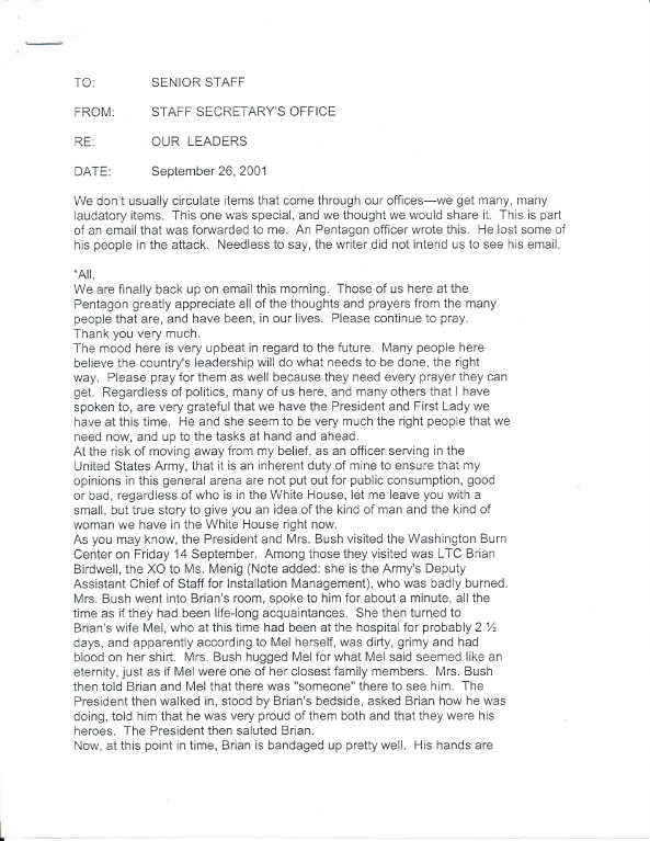 Circulated email from the Staff Secretary's Office, dated September 26, 2001, discussing Lieutenant Colonel Brian Birdwell, a burn victim who survived the September 11, 2001 terrorist attack on the Pentagon.