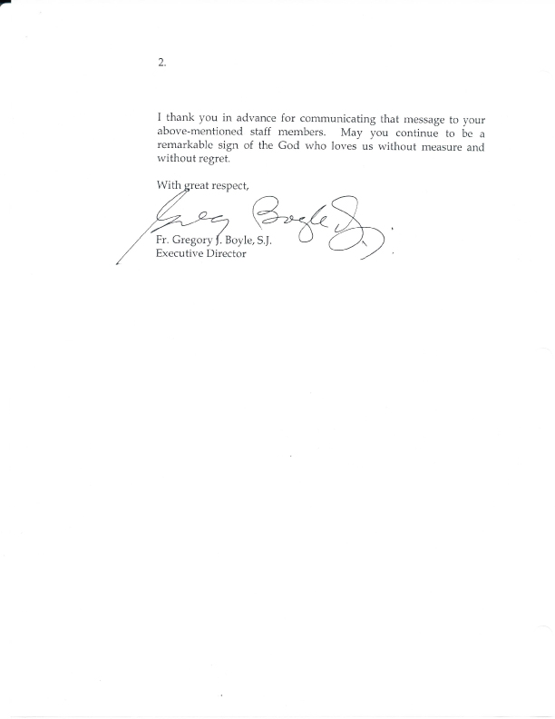 Letter dated November 3, 2005 to First Lady Laura Bush and her Chief of Staff Anita McBride from Homeboy Industries.