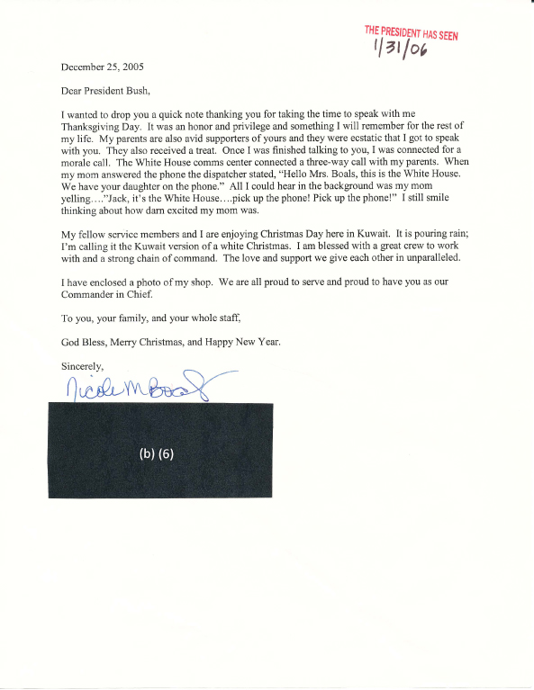 Sample of letters from American soldiers and their families to President George W. Bush: letter from Nicole M. Boals dated December 25, 2005 who received a telephone call from the President on Thanksgiving Day.