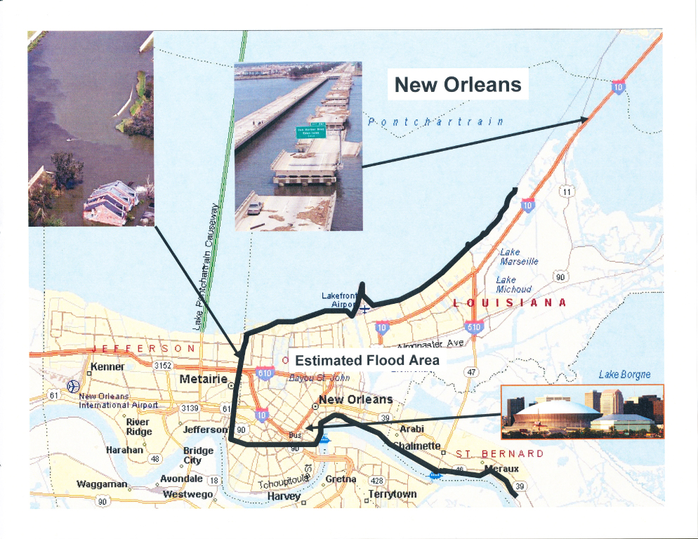 Maps and photographs of flooded areas and extent of damage in New Orleans and vicinity after Hurricane Katrina hit in 2005.