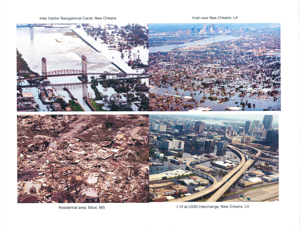 Maps and photographs of flooded areas and extent of damage in New Orleans and vicinity after Hurricane Katrina hit in 2005.