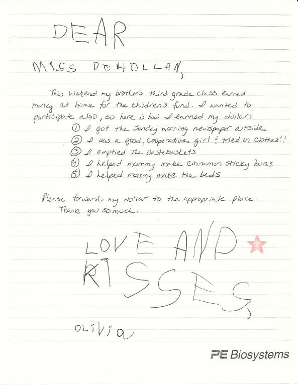Sample of a letter from an American student named Olivia offering to help raise money for the Afghan Children's Fund. President George W. Bush asked students for donations to the Fund; within a few days, the White House had received 90,000 letters from children.