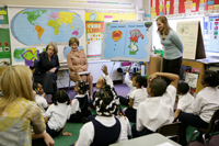 First Lady Laura Bush visits the first grade classroom and students of teacher Laura Gilbertson, April 14, 2008, at the Martin Luther King Elementary School in Washington, D. C. (P041408SC-0185)