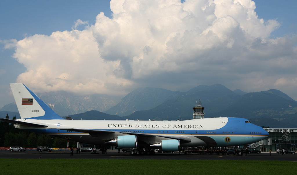 Air Force One prepares for departure from Ljubljana International Airport, Ljubljana, Slovenia, en route to Berlin, Germany, June 10, 2008. (P061008SC-0878)