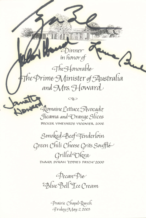 Signed menu from White House State Dinner honoring: Prime Minister and Mrs. John Howard of Australia, May 16, 2006.