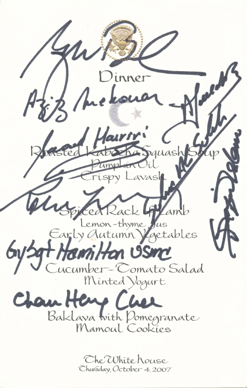 Signed menu from White House State Dinner honoring: President Nicolas Sarkozy of France, November 6, 2007.