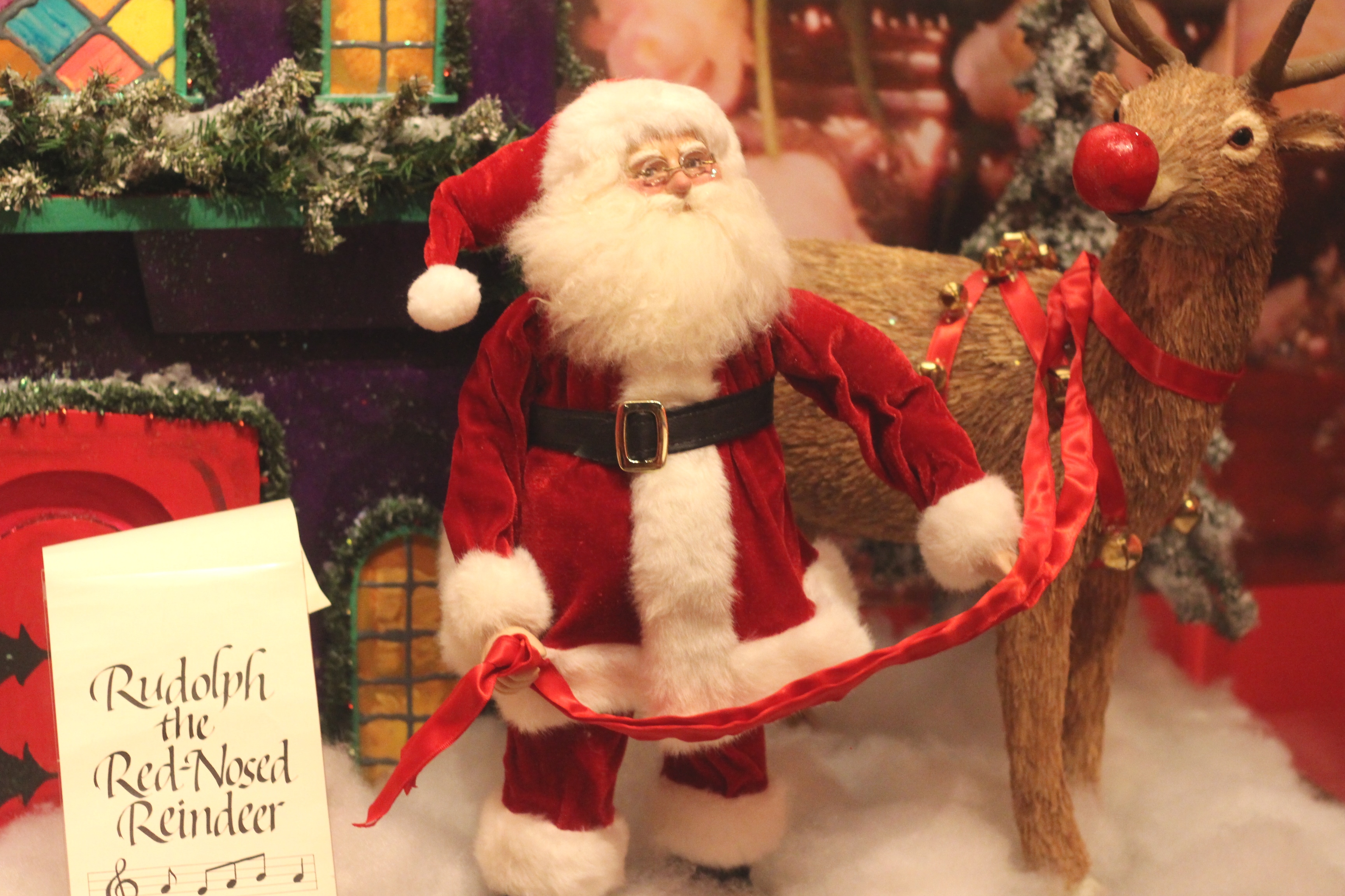 A photo of a vignette display celebrating the holiday song 'Rudolph the Red-Nosed Reindeer,' part of the 2016 Holiday exhibit at the George W Bush Library and Museum