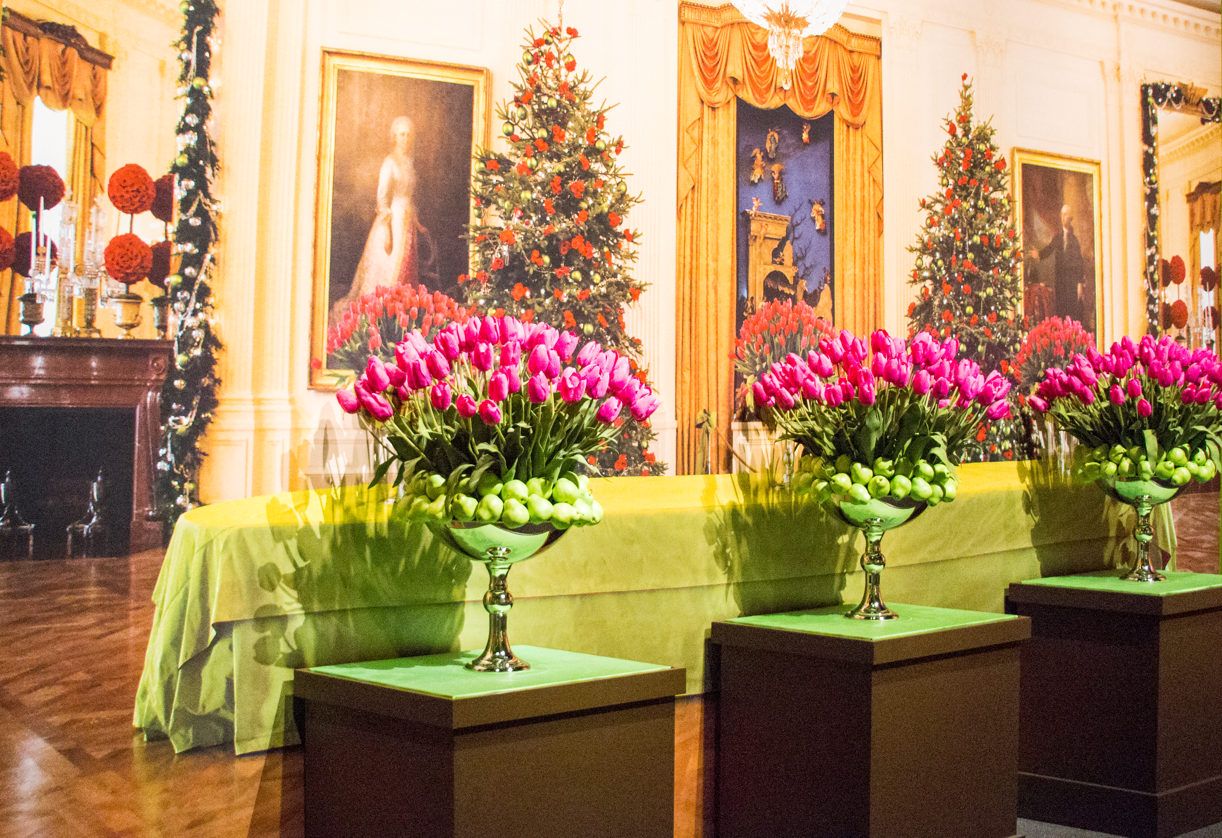 A photo of a tulips and pears display, part of the 2017 Holiday exhibit at the George W Bush Library and Museum