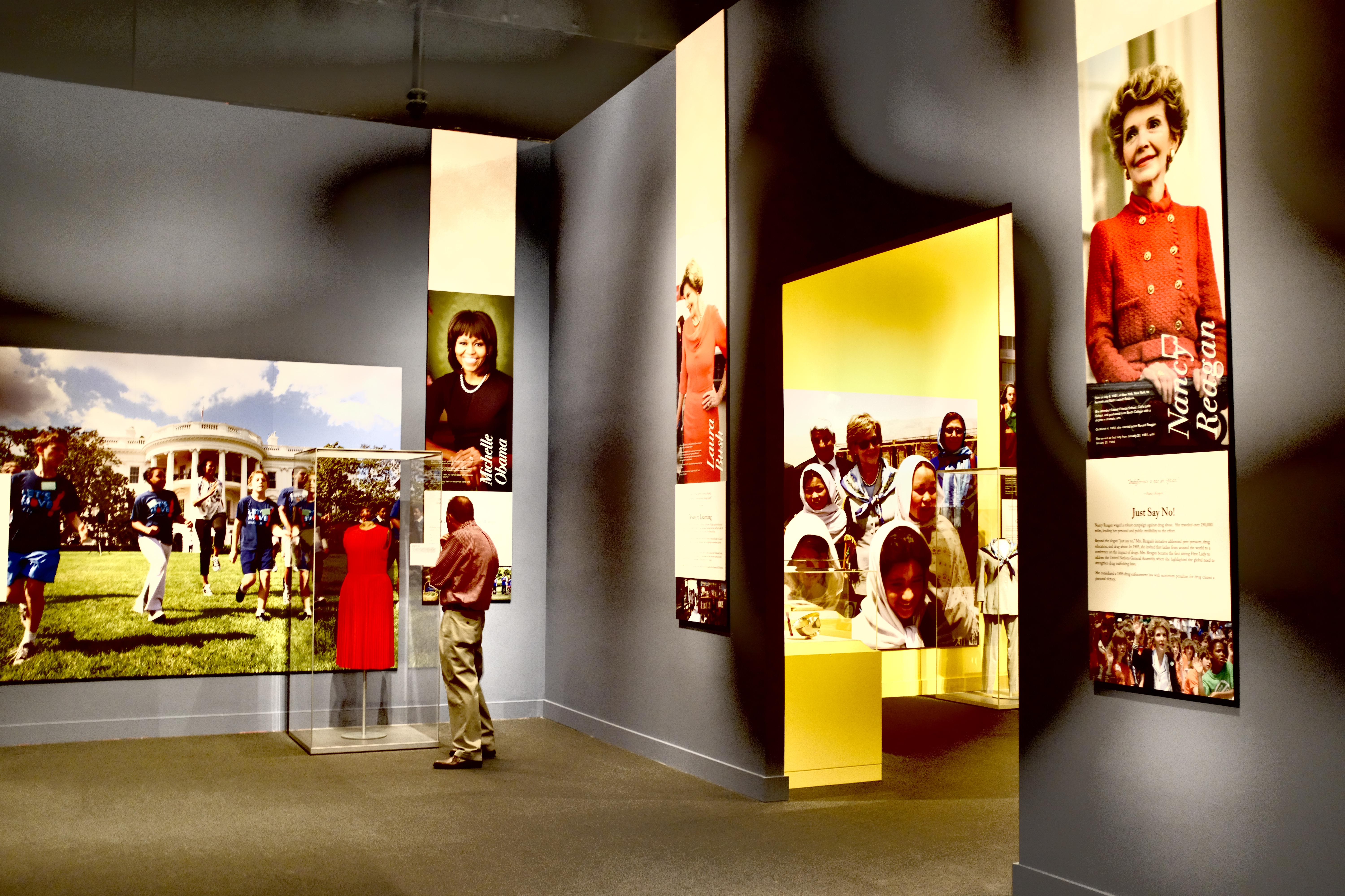 A picture of the 2018 First Ladies exhibit room featuring Michelle Obama and Nancy Reagan at the George W Bush Library and Museum
