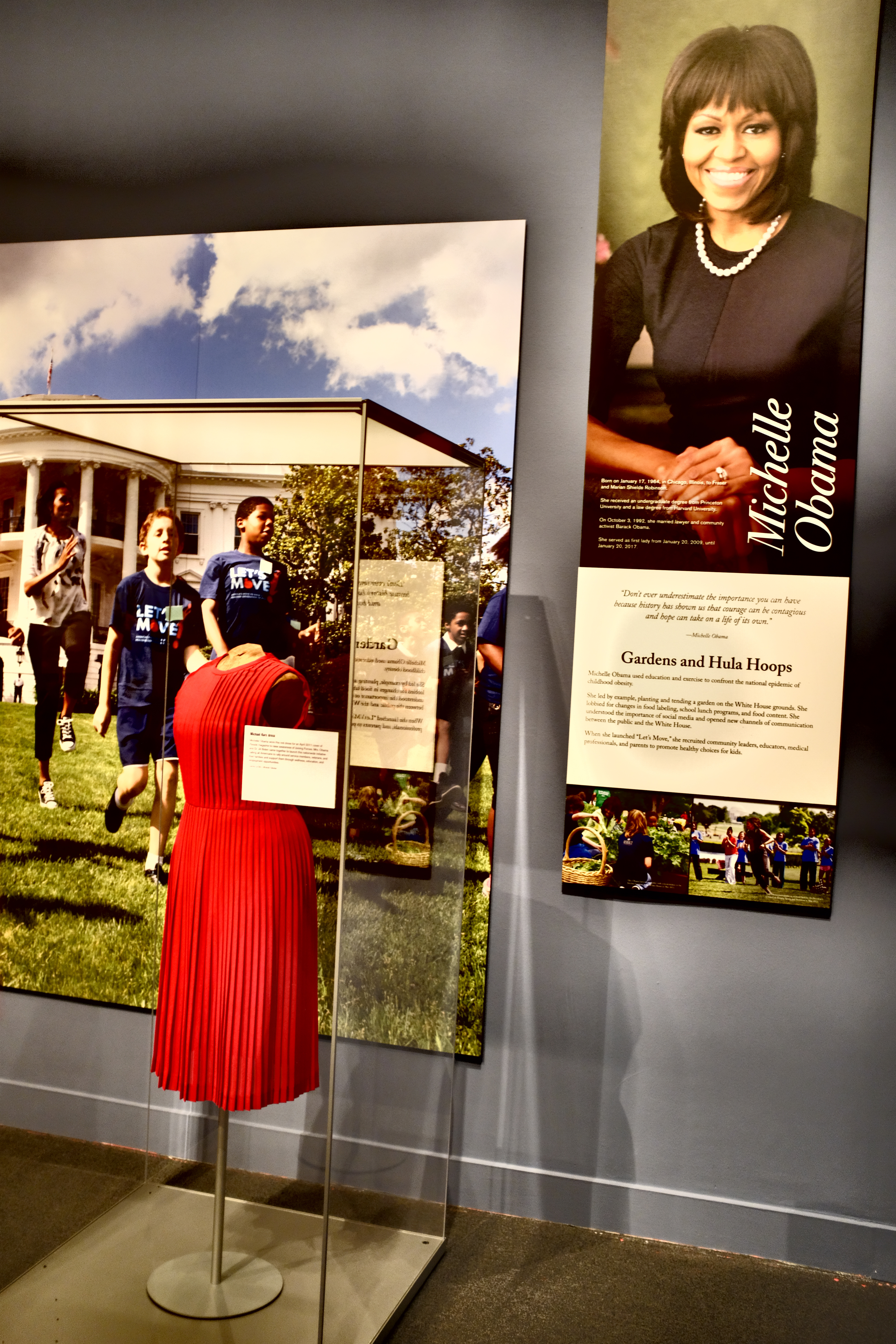 A photo of a Michelle Obama display, part of the 2018 First Ladies exhibit at the George W Bush Library and Museum