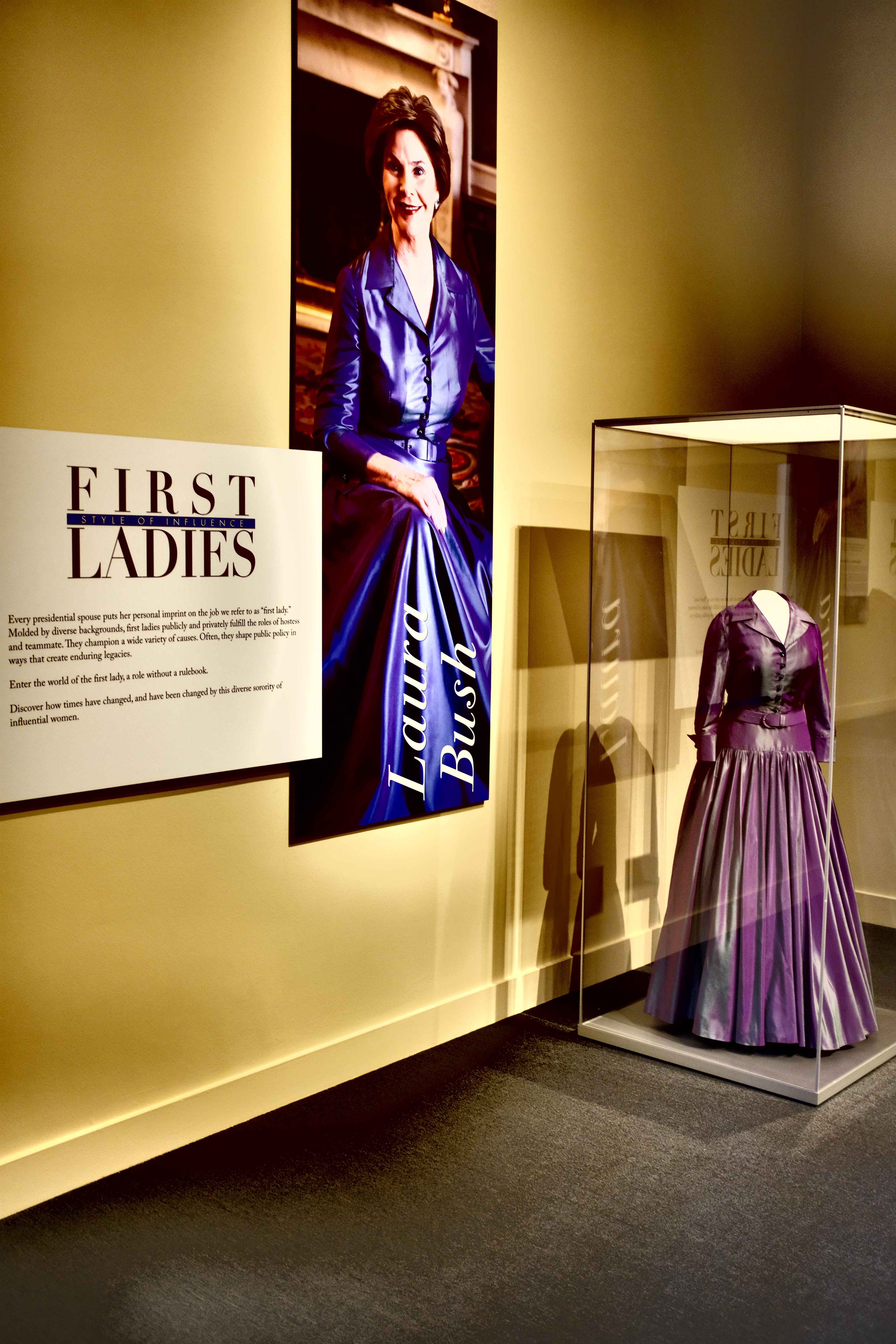 A photo of a Laura Bush display, part of the 2018 First Ladies exhibit at the George W Bush Library and Museum