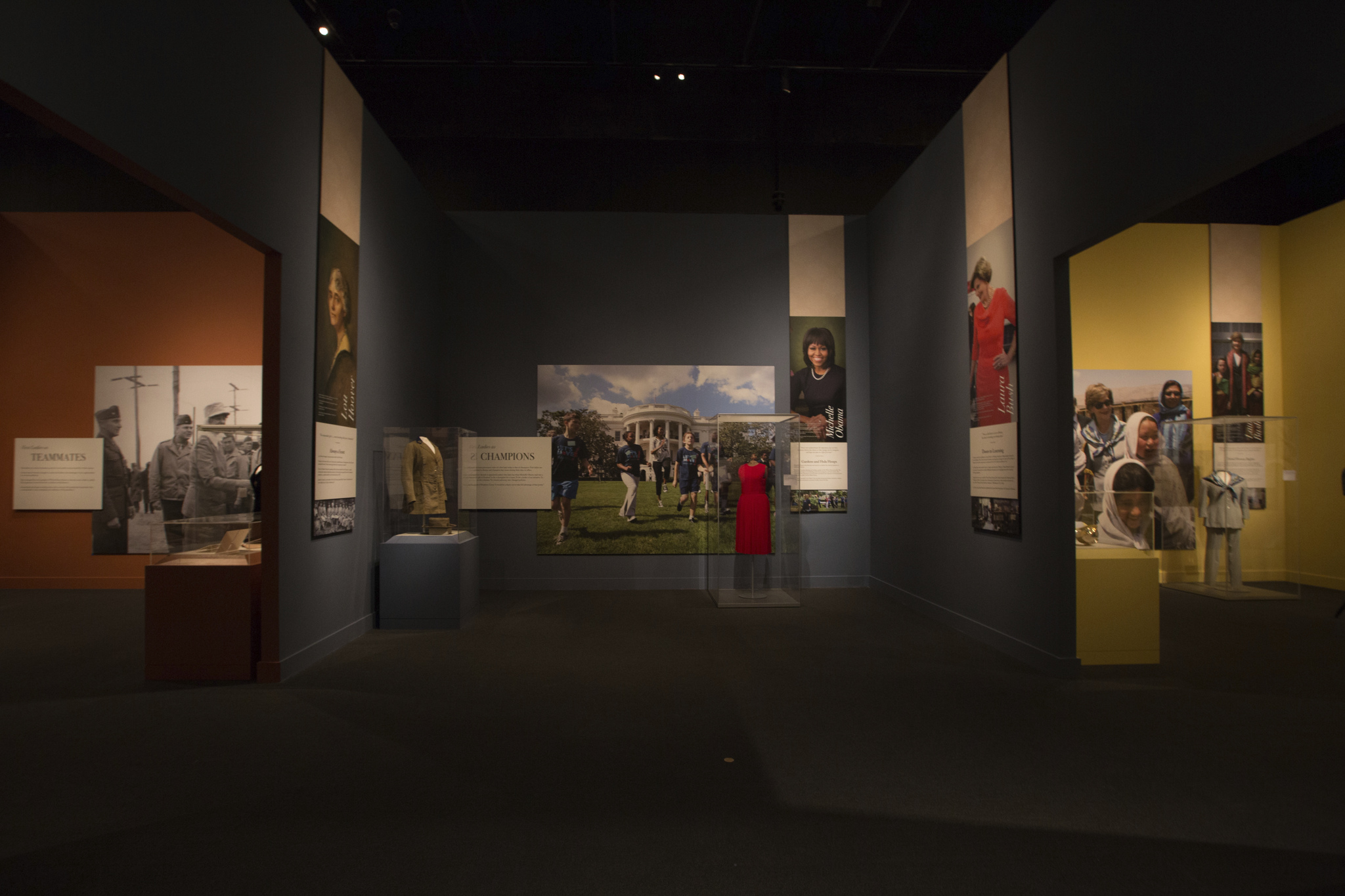 A view looking into the 2018 First Ladies exhibit at the George W Bush Library and Museum