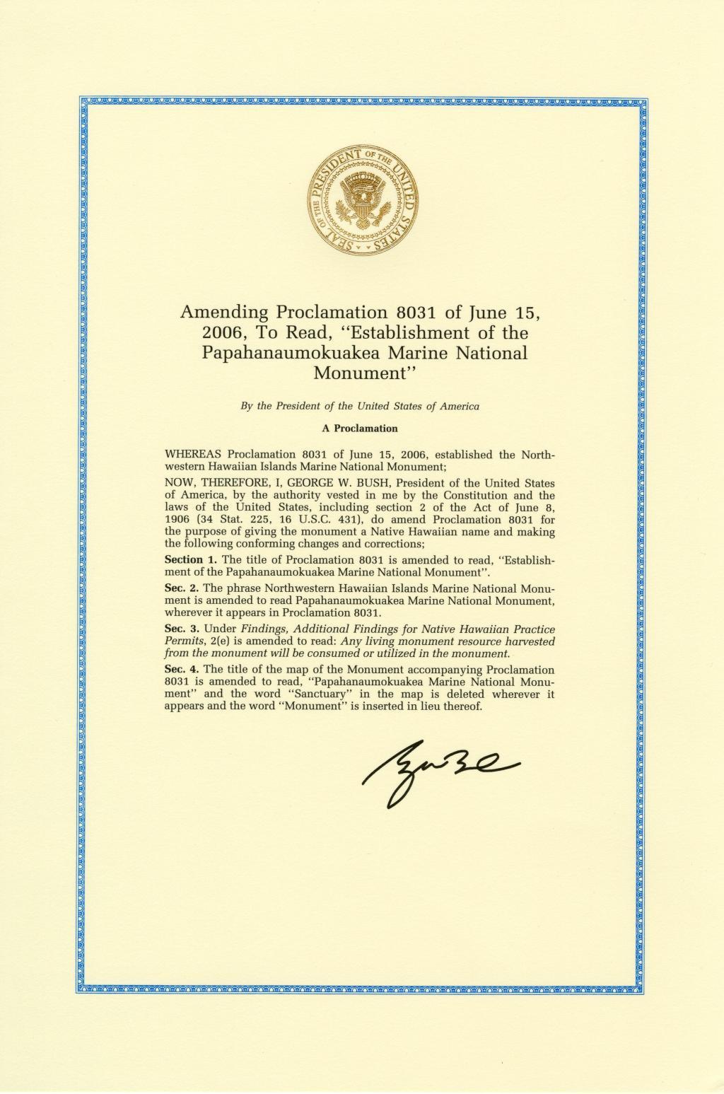 Amended Proclamation for Northwestern Hawaiian Islands Marine National Monument 2006.