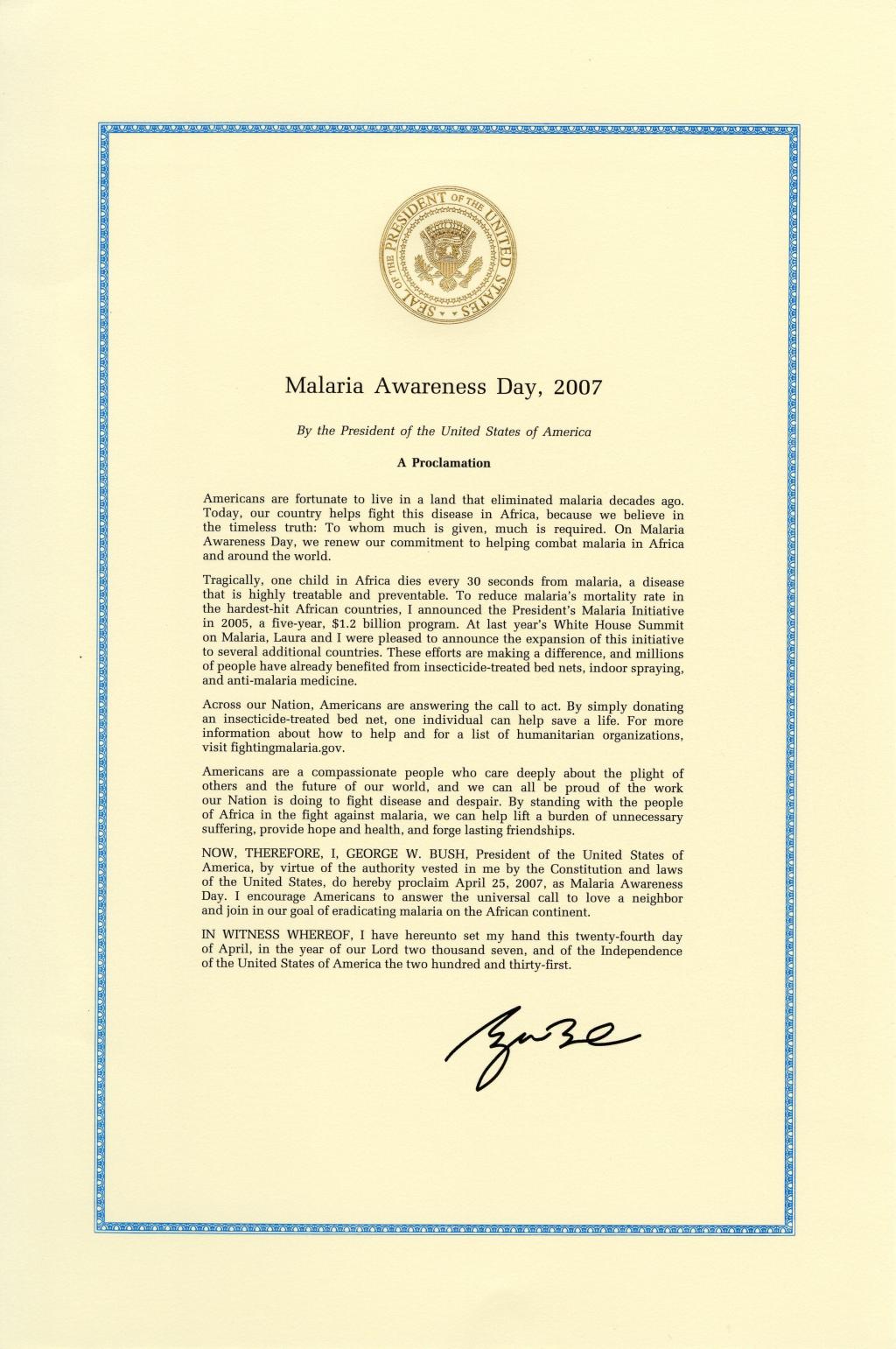 Proclamation for Malaria Awareness Day 2007.