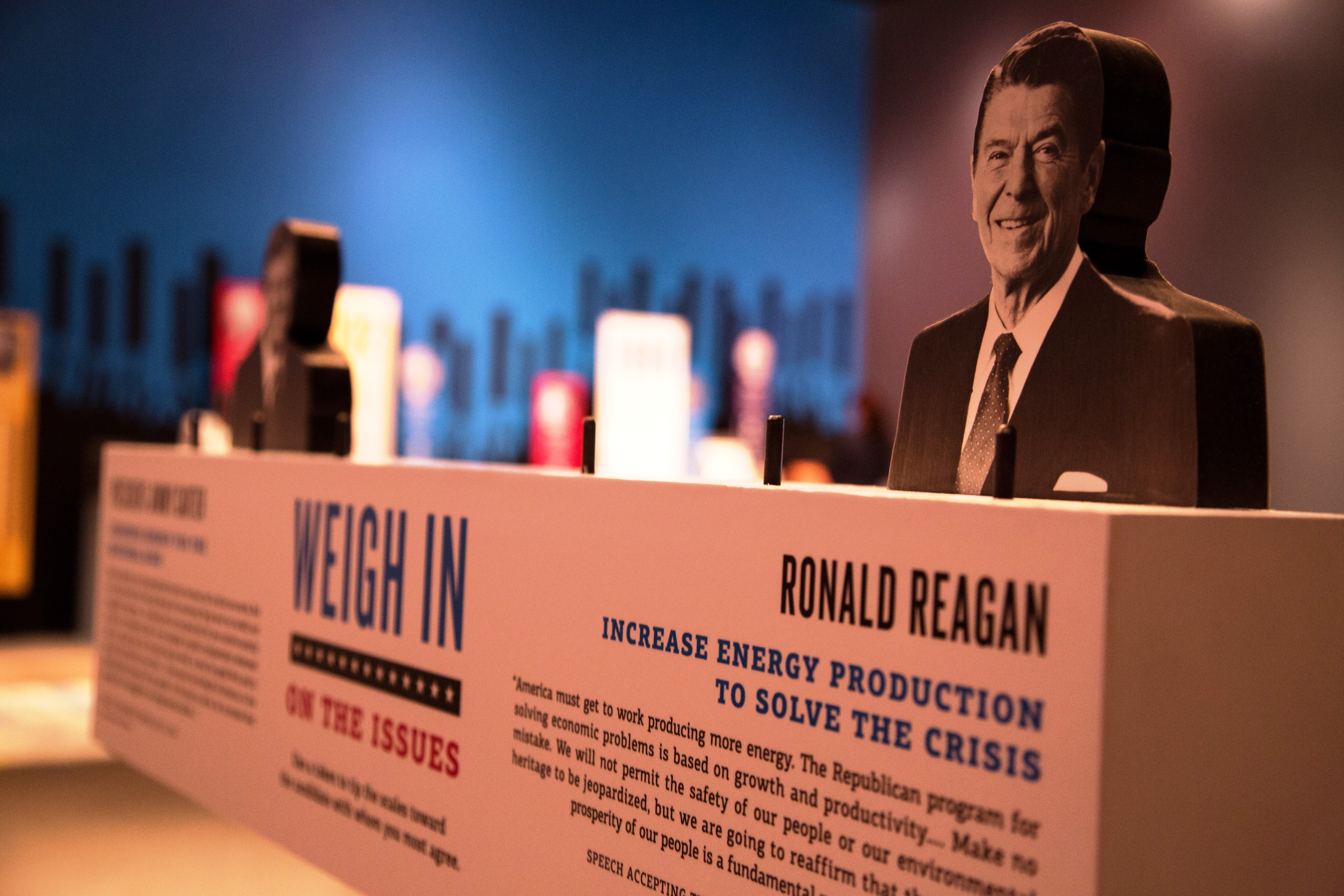 A photo of a display showing different important topics presidential candidates debated during their campaigns, part of the 2016 Path to the Presidency exhibit at the George W Bush Library and Museum