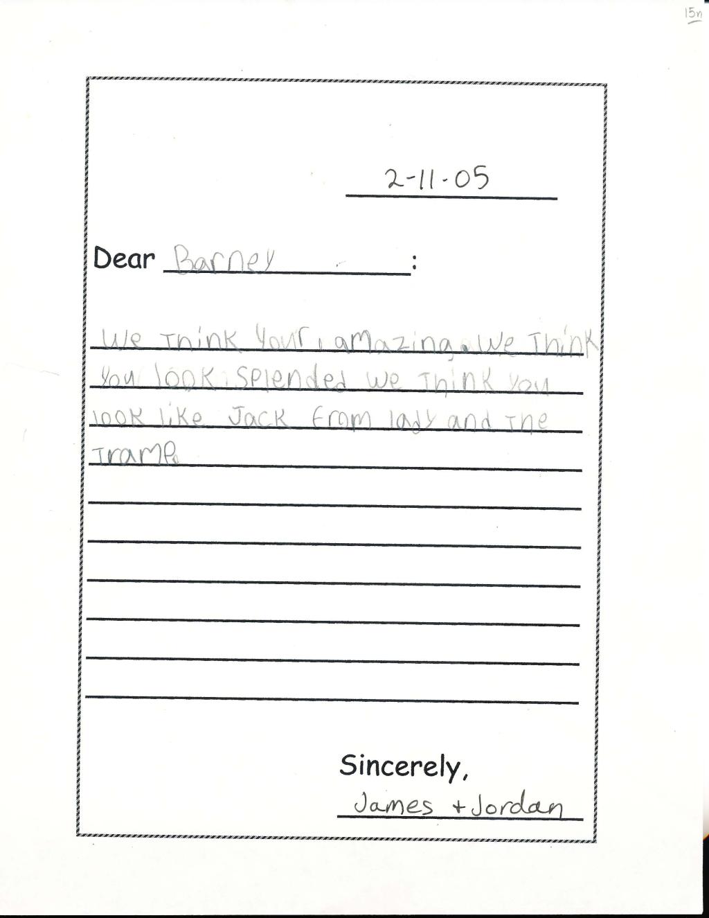 A letter to Barney and Miss Beazley from students James and Jordan, February 11, 2005.
