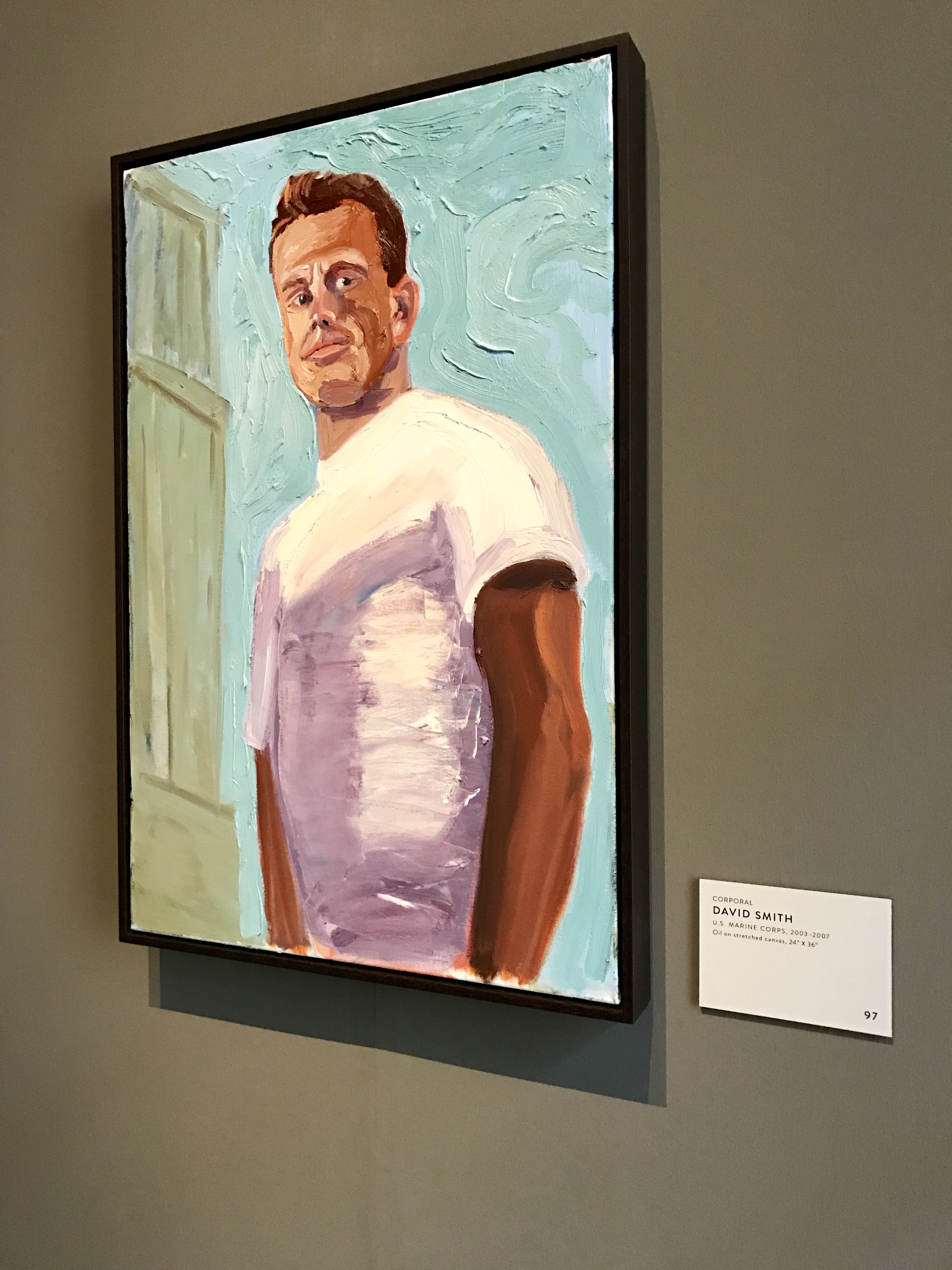 A photo of a portrait of Dave Smith by President George W Bush, part of the  2017 exhibit Portraits of Courage, at the George W Bush Library and Museum