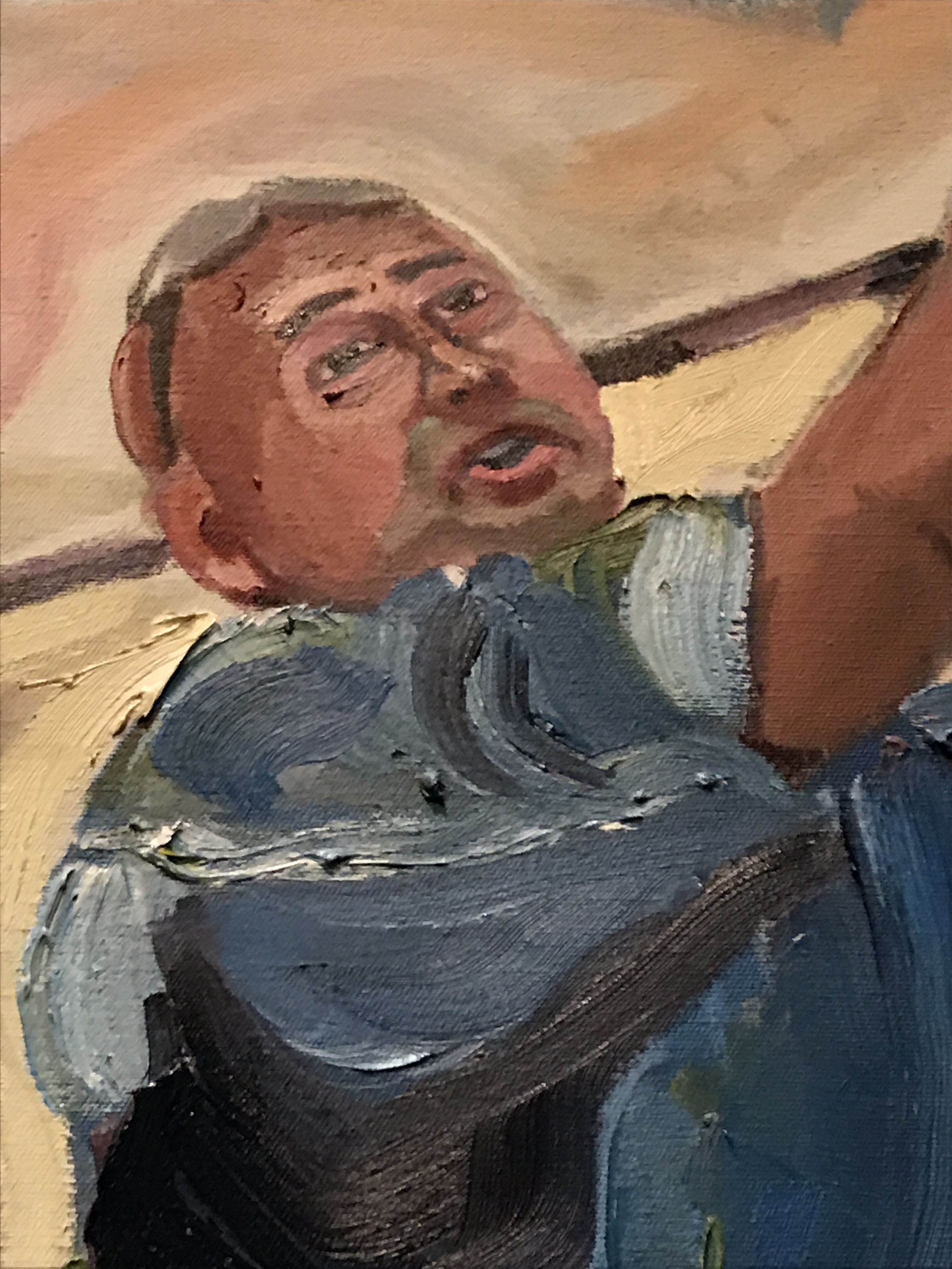 A photo of a portrait of Saul Martinez by President George W Bush, part of the 2017 exhibit Portraits of Courage, at the George W Bush Library and Museum