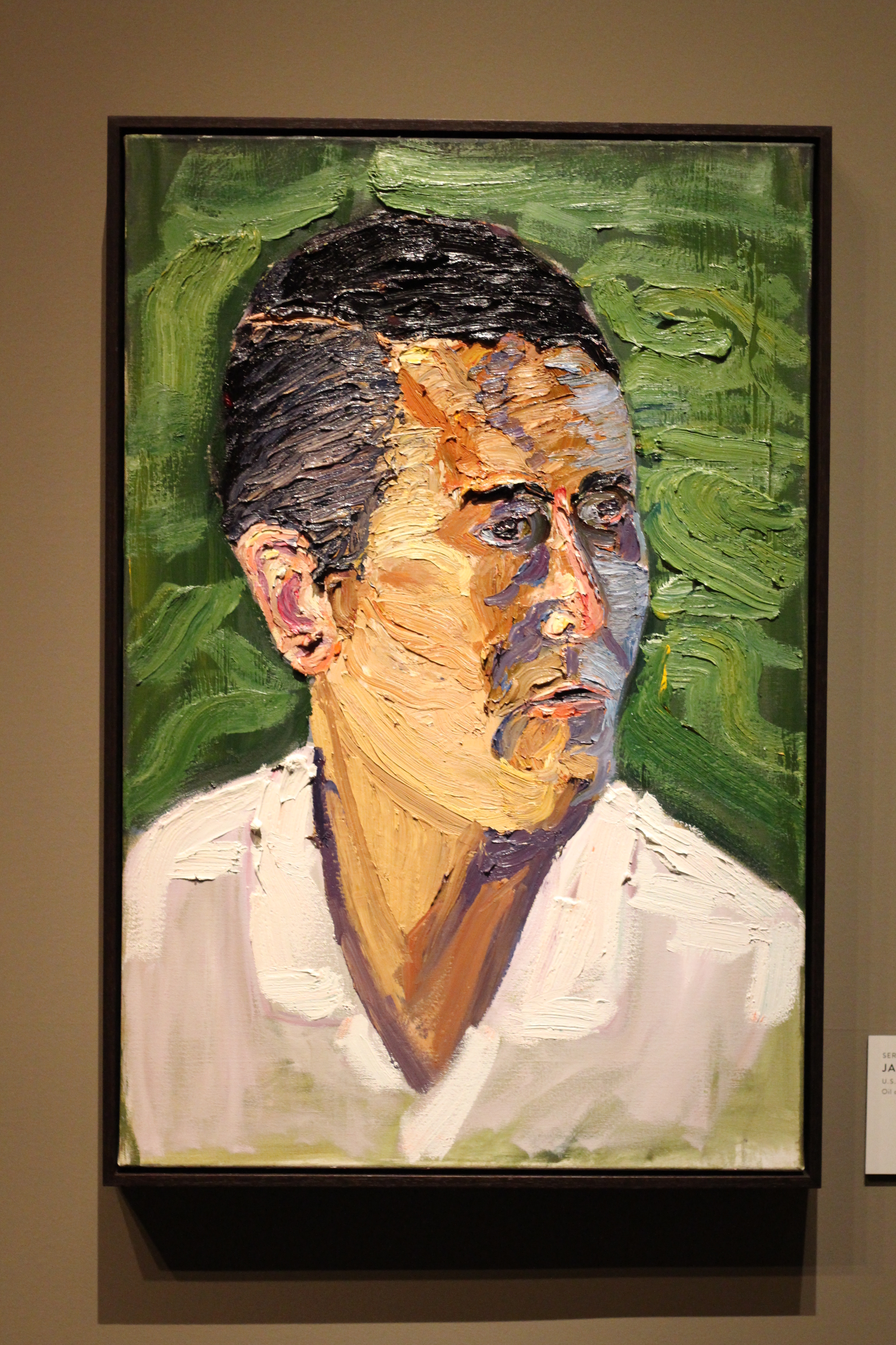 A photo of a portrait of Jay K Fain, Jr by President George W Bush, part of the 2017 exhibit Portraits of Courage, at the George W Bush Library and Museum