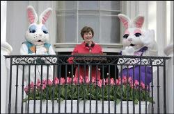 First Lady Laura Bush addresses South Lawn visitors to the 2007 White House Easter Egg Roll from the Truman Balcony, April 9, 2007. "In Washington, we know Spring has arrived when the White House lawn is filled with children for the Easter Egg Roll," said Mrs. Bush.