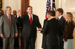 On February 1, 2006, President George W. Bush looks on during the swearing-in ceremony for U.S. Supreme Court Justice Samuel A. Alito in the East Room of the White House. Alito was sworn in by U.S. Supreme Court Chief Justice John Roberts.