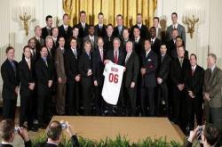 President George W. Bush stands with the 2006 World Series Champions, The St. Louis Cardinals, in the East Room of the White House on January 16, 2007.