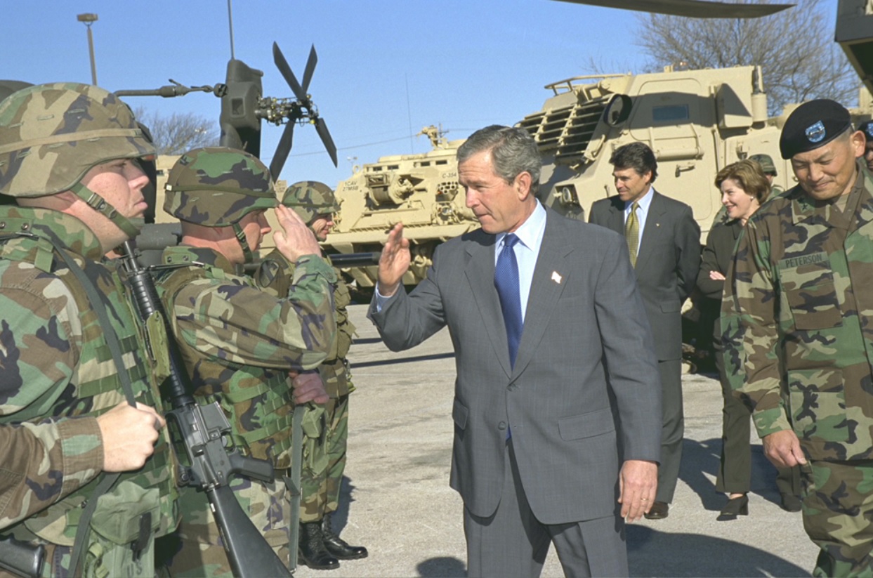 President George W. Bush greets troops and tours military equipment at Fort Hood, Texas.