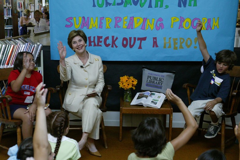 Laura Bush discusses the importance of reading with children participating in the No Child Left Behind Summer Reading Program at the Portsmouth Public Library in Portsmouth, New Hampshire, July 9, 2004.