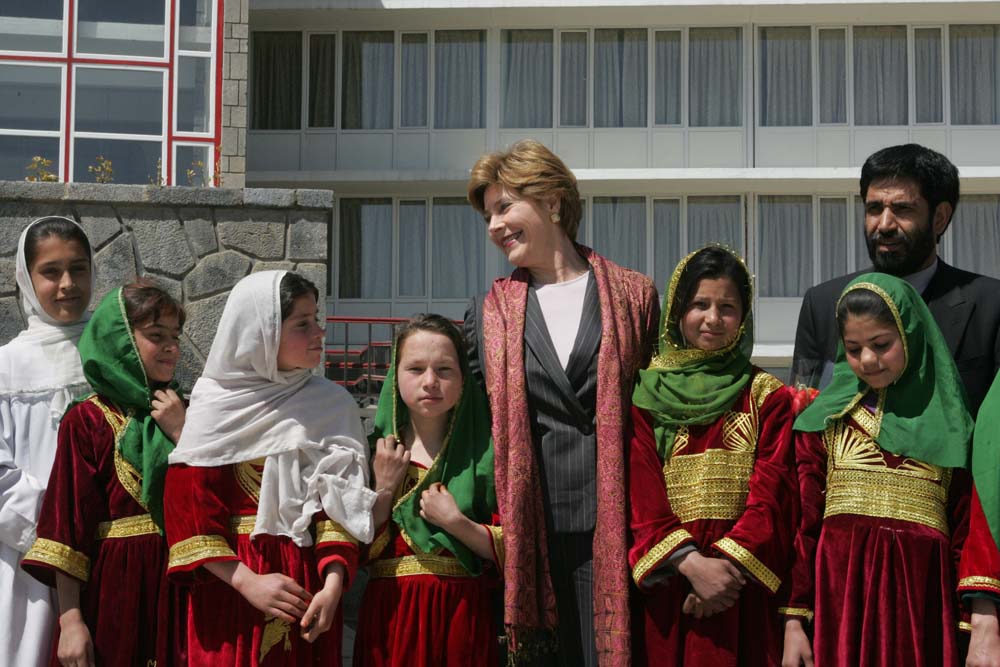 On March 30, 2005, First Lady Laura Bush met a group of Afghan girls during a visit to Kabul.