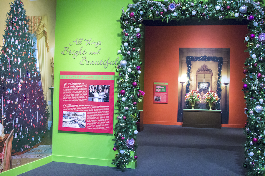 A photo showing the gallery exit of the 2017 Holiday exhibit at the George W Bush Library and Museum