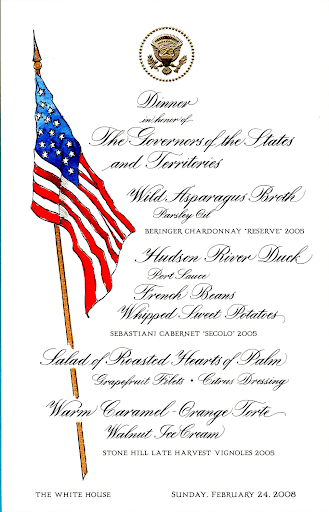 Menu for dinner in honor of the Governors of the States and Territories, February 24, 2008.