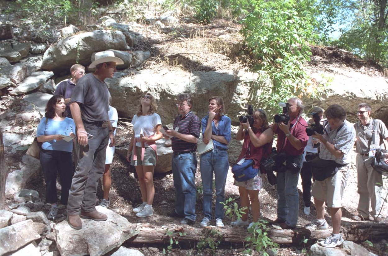 President Bush leads the White House Press Pool on a tour of his Crawford Ranch.