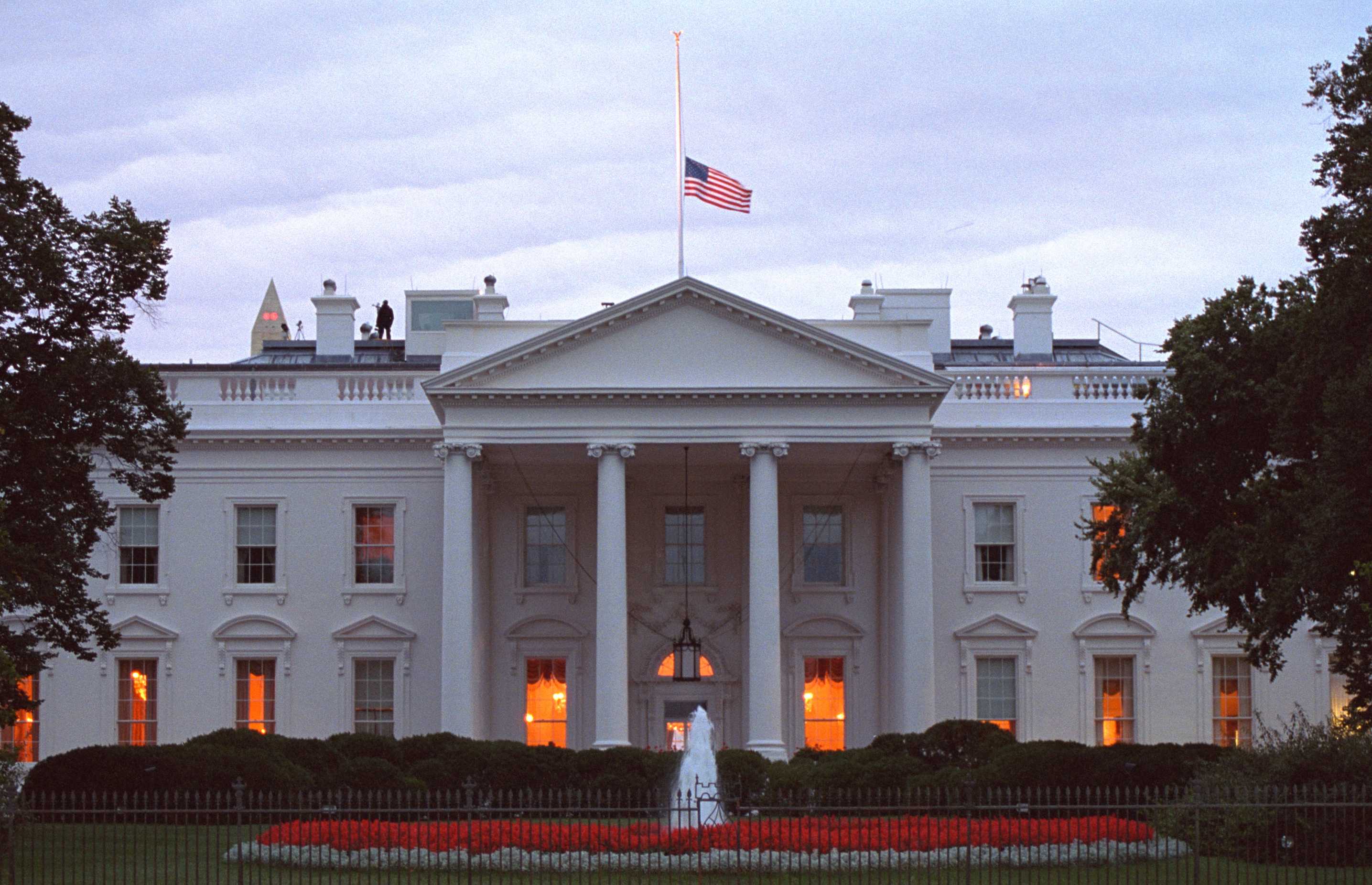 White House with flag at half mast in the wake 9/11/2001