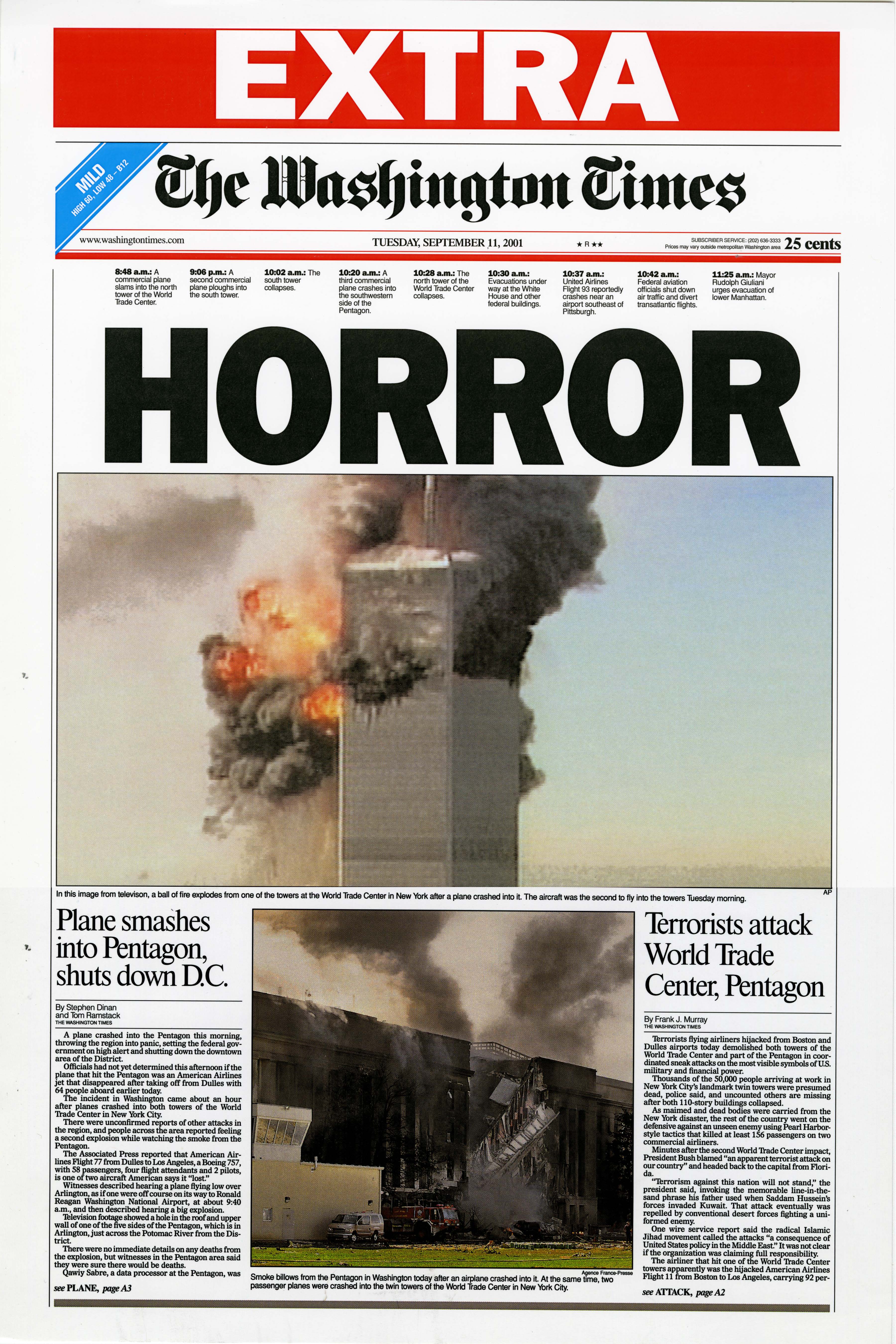 “Horror”- Washington Times EXTRA, September 11, 2001.
