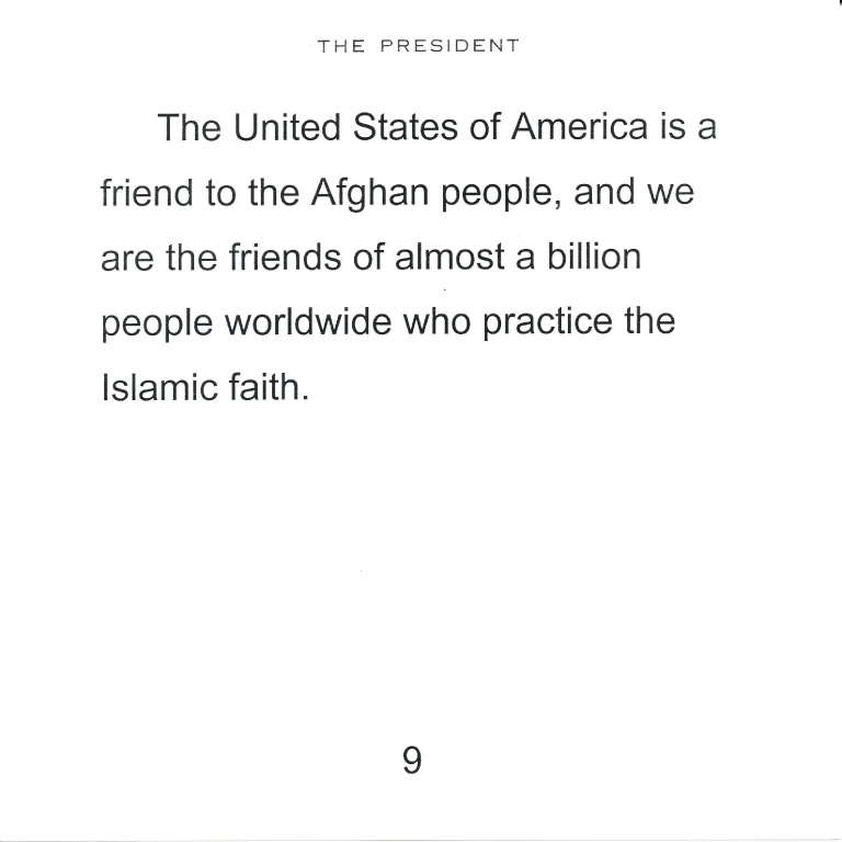 Select speech cards used by President George W. Bush to announce the invasion of Afghanistan, October 7, 2001.