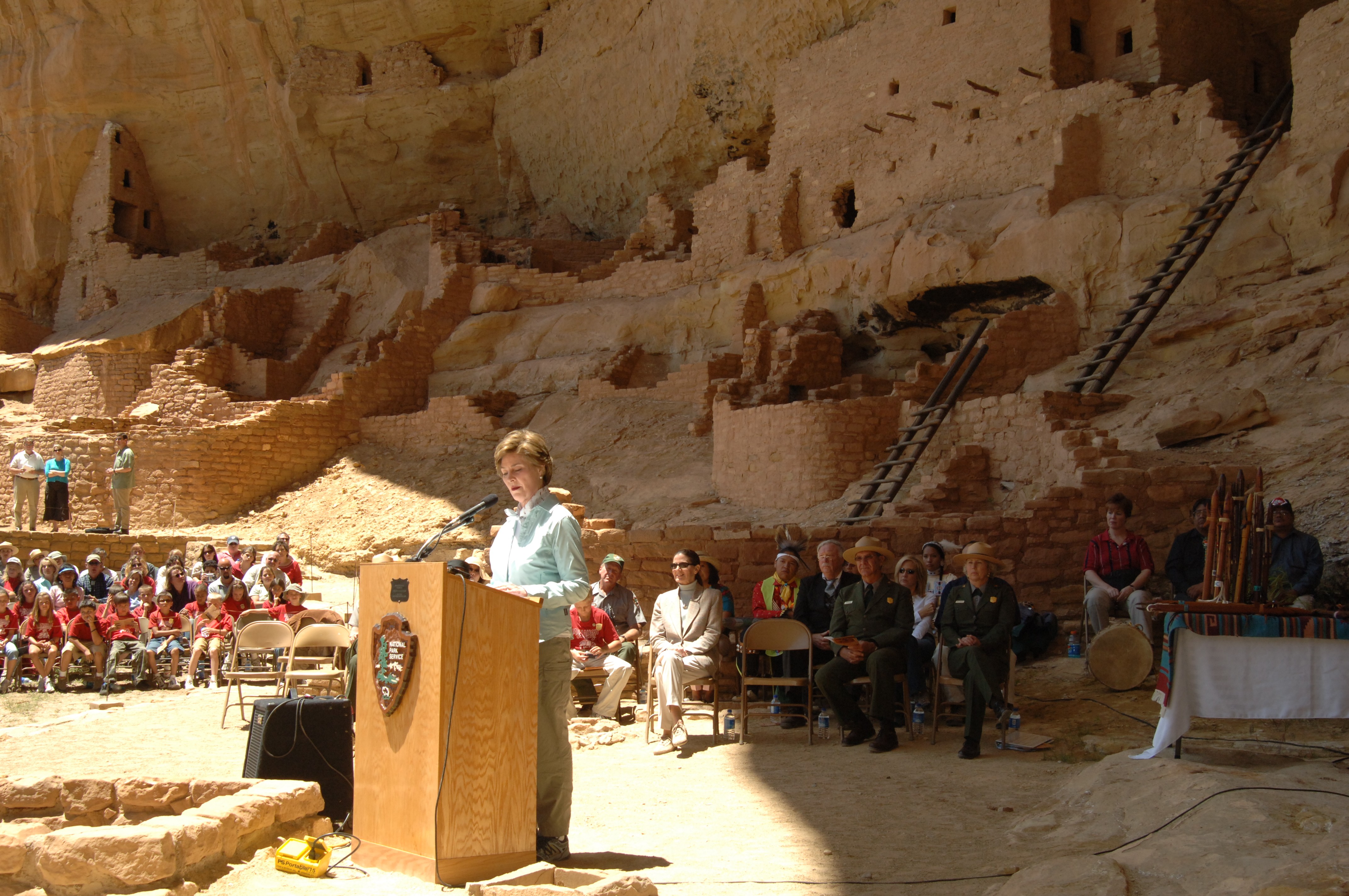 First Lady Laura Bush give a speech at Mesa Verda National Park in Colorado to commemorate the park’s centennial, May 23, 2006.