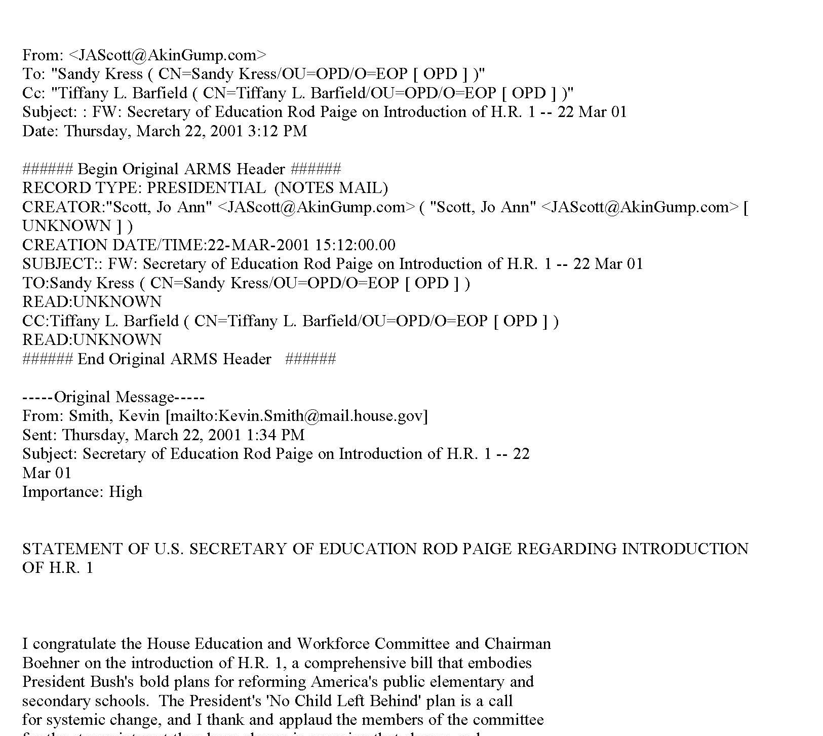 Example of Sandy Kress email