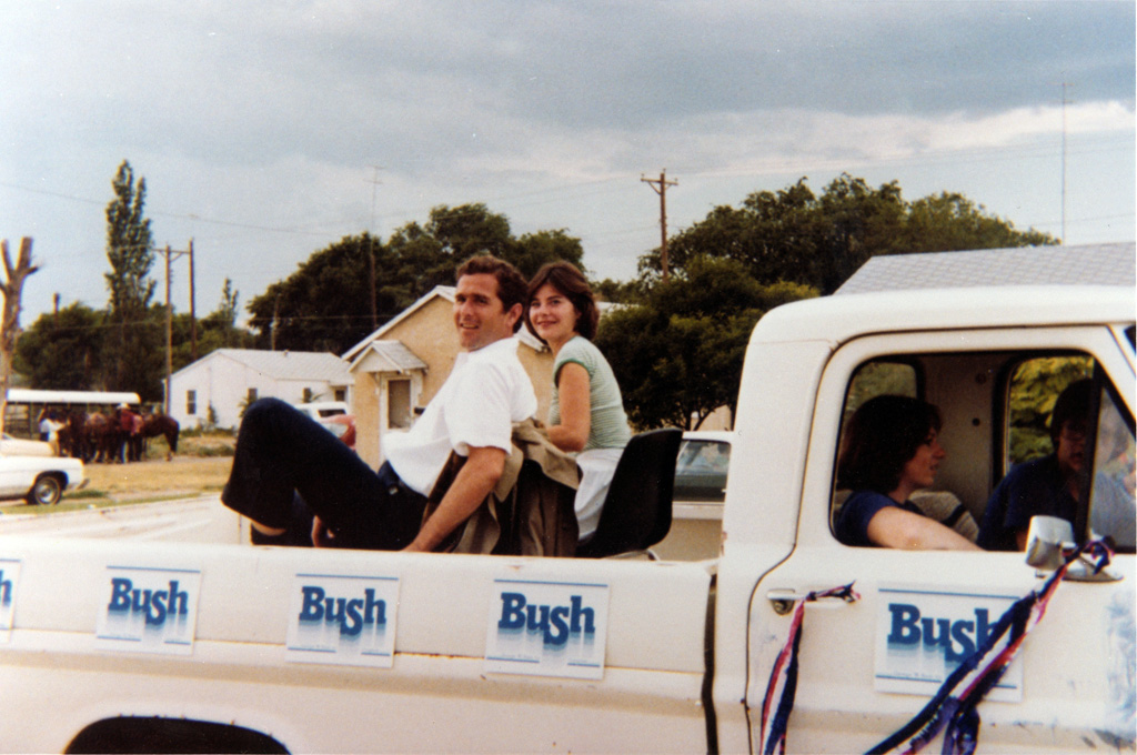 George W. and Laura Bush campaigning from the back of a pickup truck for the 1978 Congressional race in West Texas. (H22-01)