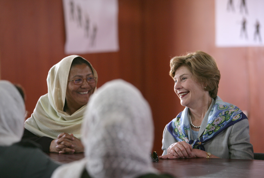 First Lady Laura Bush smiles as she meets with female graduates of the Police Training Academy in Bamiyan province in Afghanistan on June 8, 2008. (P060808SC-0936)