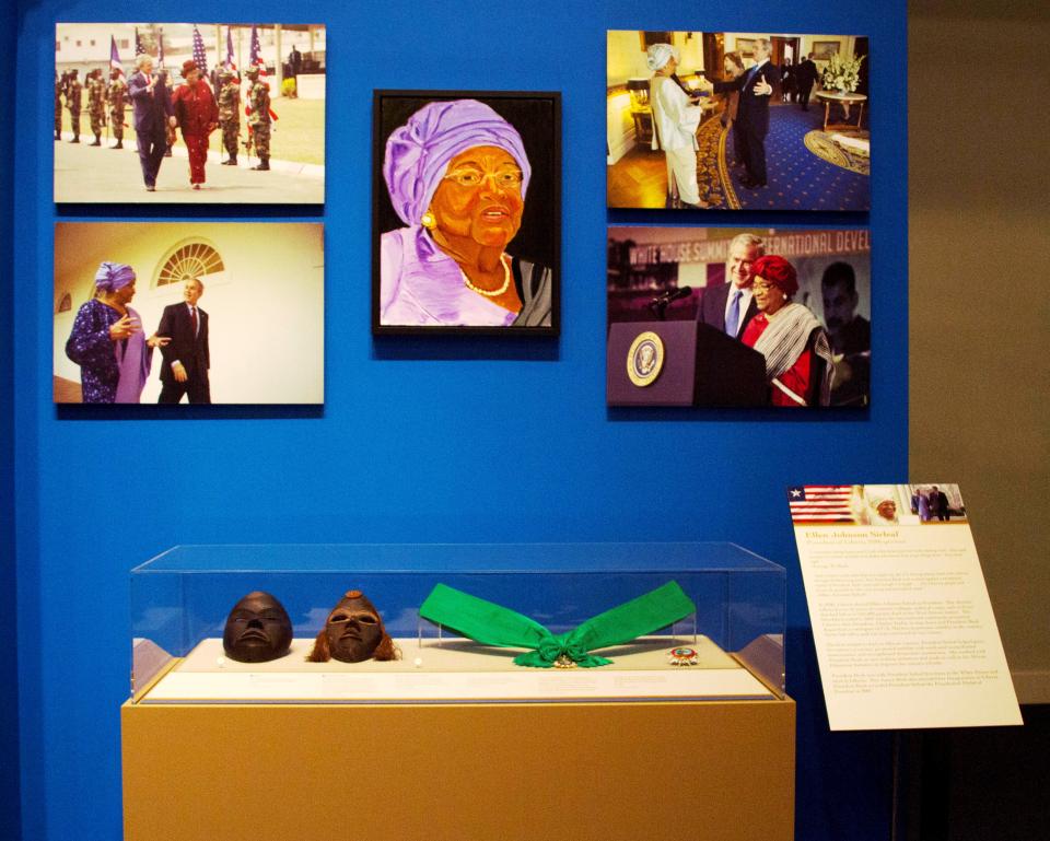 A photo of the Johnson Sirleaf display from the 2014 exhibit The Art of Leadership: A President's Personal Diplomacy, at the George W Bush Library and Museum