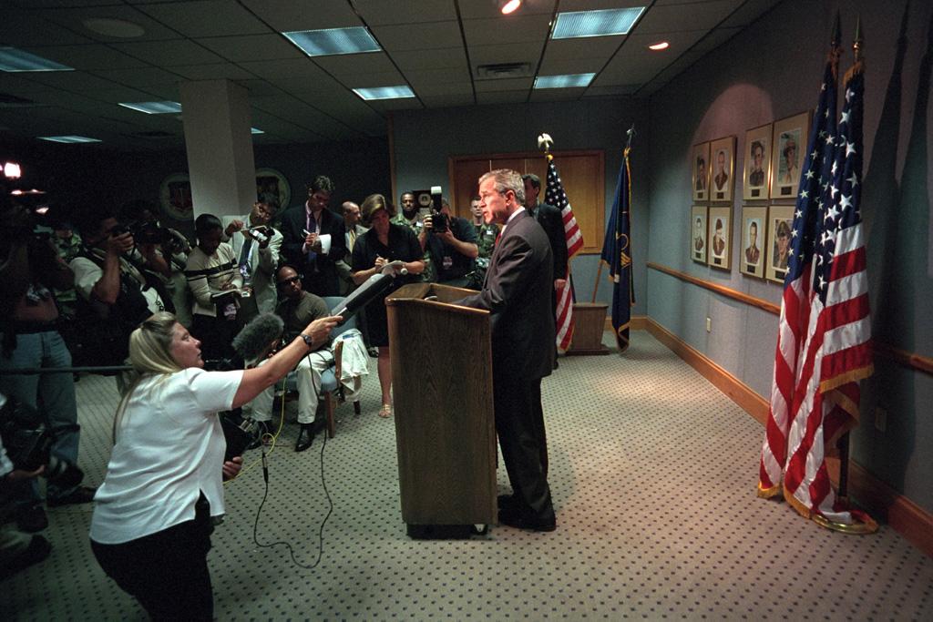 President George W. Bush delivers remarks on the terrorist attacks, September 11, 2001, from Barksdale Air Force Base in Louisiana, before departing for Offutt Air Force Base in Nebraska. (P7078-04)