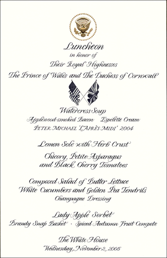 Luncheon for Prince Charles of Wales and Duchess Camilla of Cornwall, November 2, 2005.
