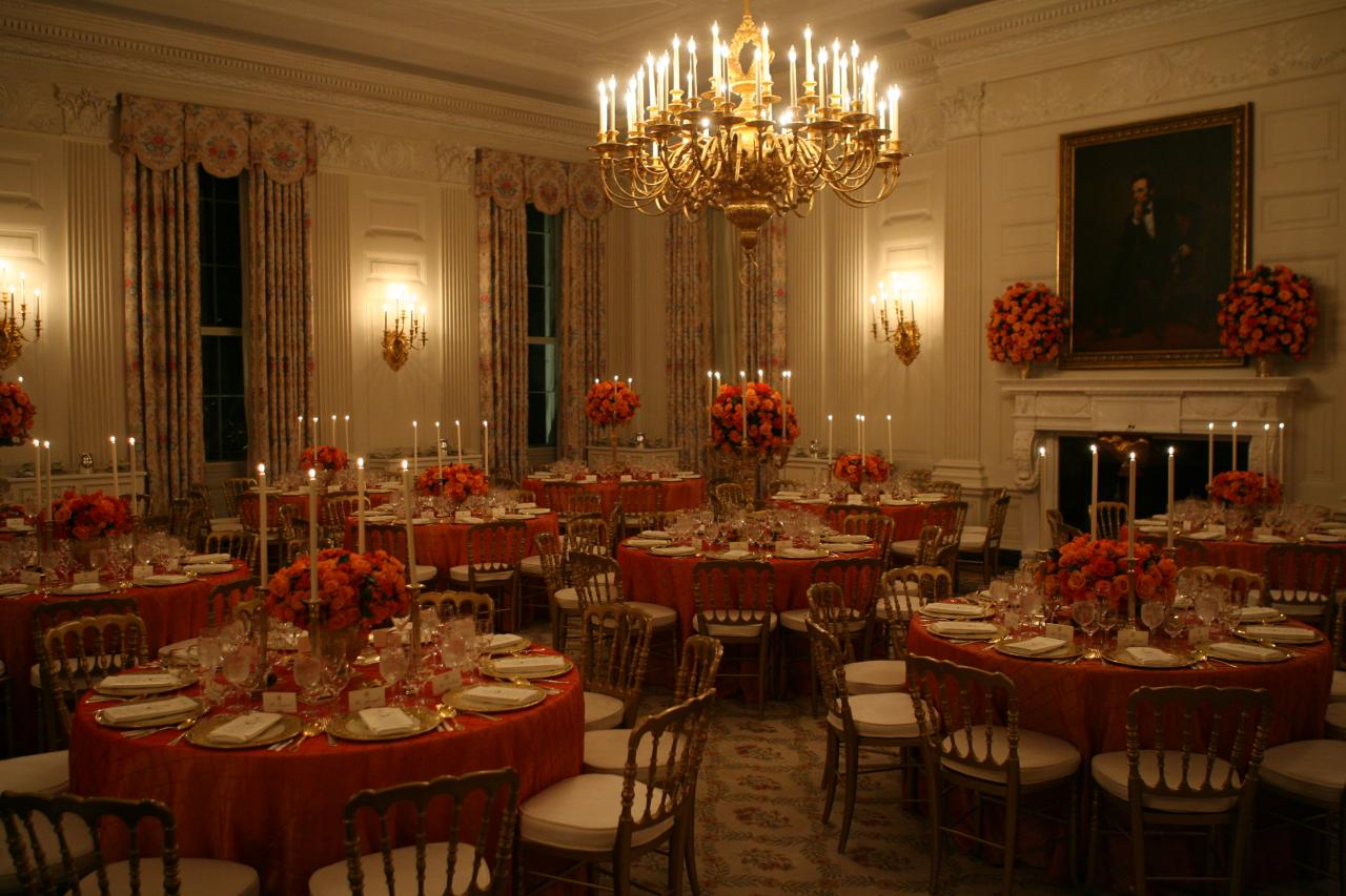 Decorated candlelit tables are seen in the State Dining Room of the White House, November 6, 2007, for the dinner in honor of French President Nicolas Sarkozy.