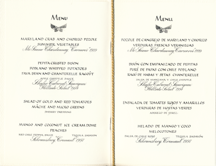 Menu for Mexico State Dinner, September 5, 2001.