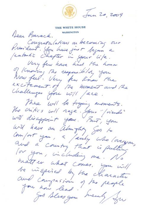 Transition letter from President George W. Bush to President Barack Obama, dated January 20, 2009. Courtesy The Barack Obama Presidential Library.