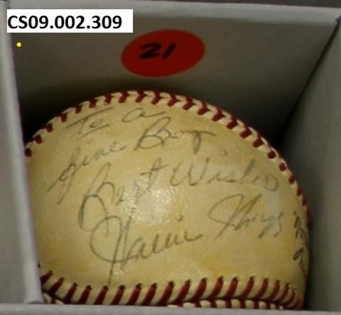 National League baseball signed by Willie Mays. "To a fine Boy, Best Wishes." According to the White House, President George W. Bush's love of baseball began during his childhood in Midland, Texas, where he played Little League Baseball and dreamed of following in the footsteps of baseball great, Willie Mays. (CS09.2.309)